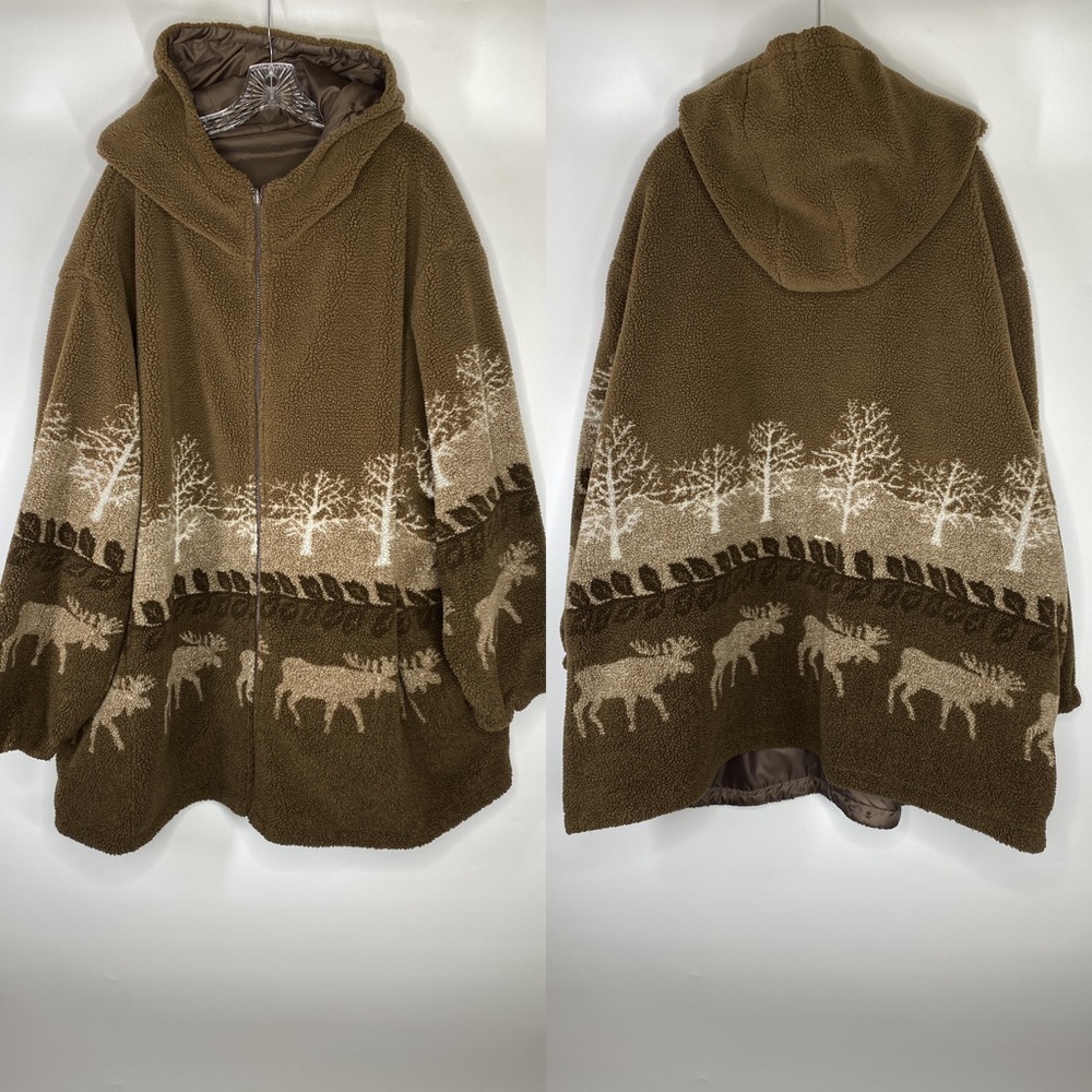 Vintage Willow Lane Moose Tree Brown Full Zip Reversible Hooded Jacket Size 5X